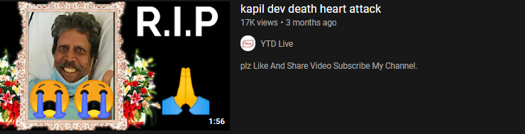 Kapil Dev Fake Death News on youtube 